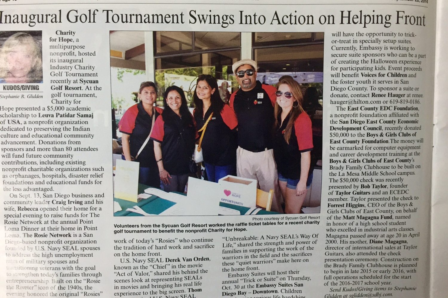 San Diego Business Journal article about Charity for Hope golf tournament