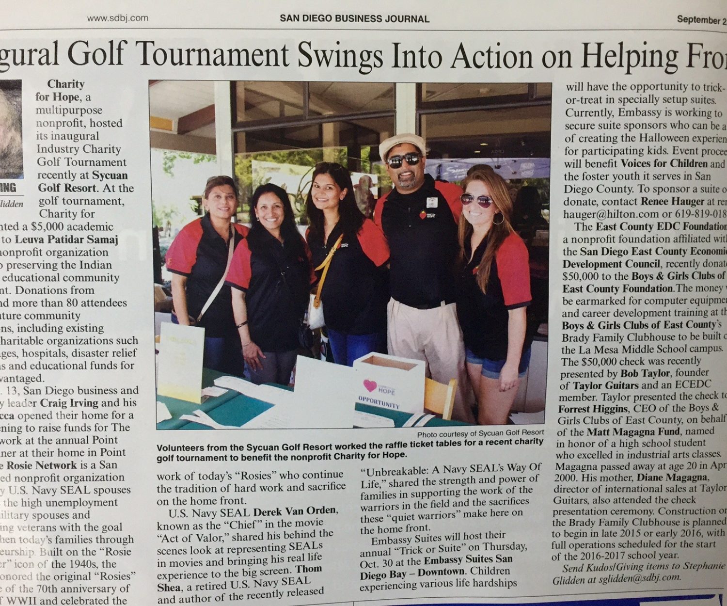 San Diego Business Journal article about Charity for Hope golf tournament