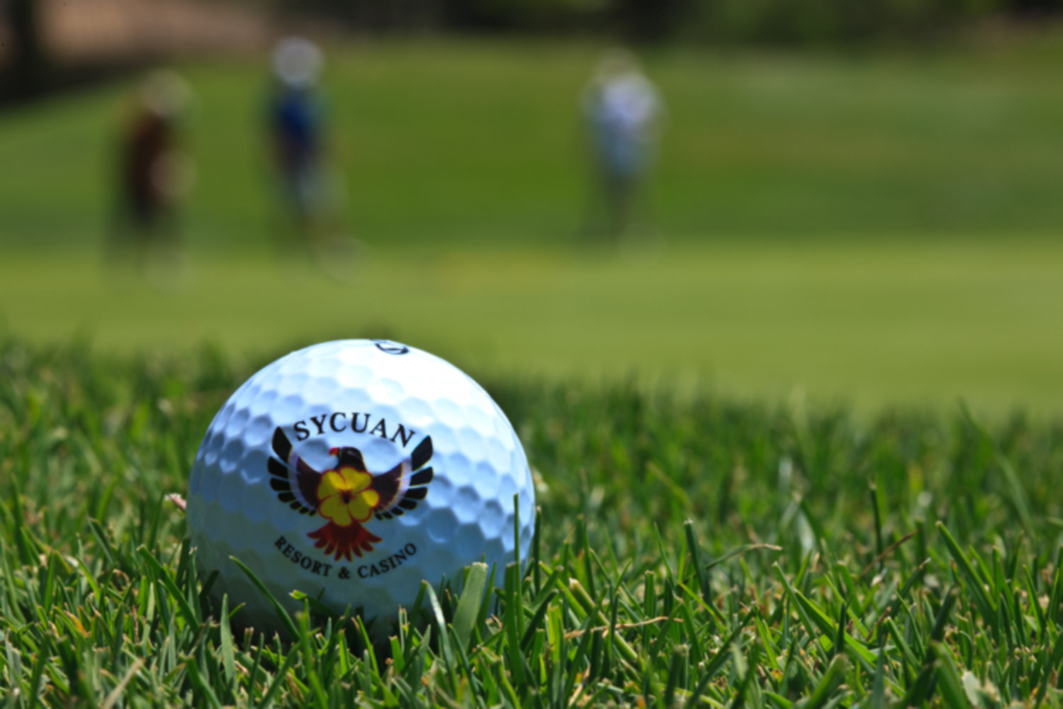 Sycuan Resort and Casino logoed golf ball on golf course with golfers in background