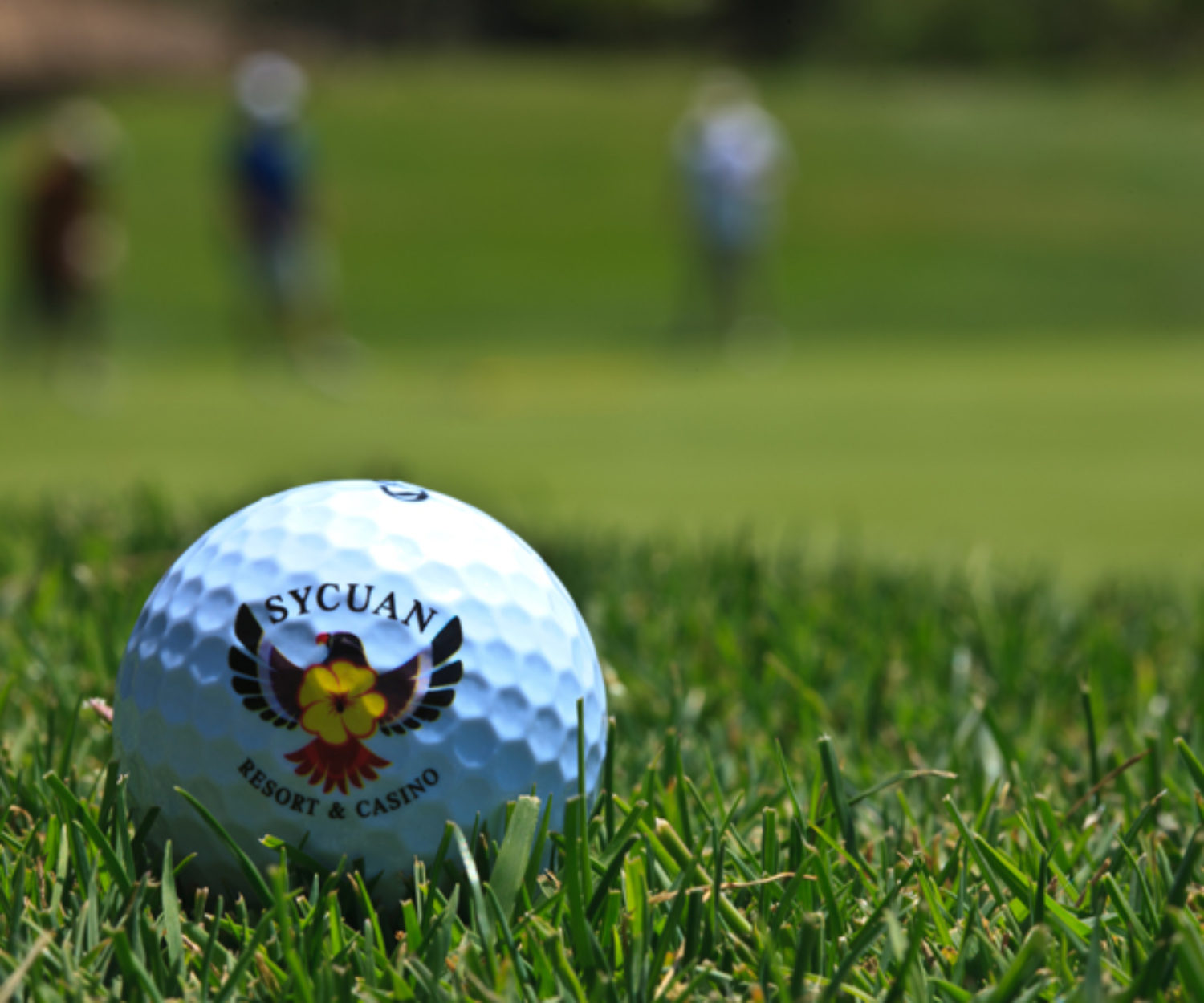 Sycuan Resort and Casino logoed golf ball on golf course with golfers in background